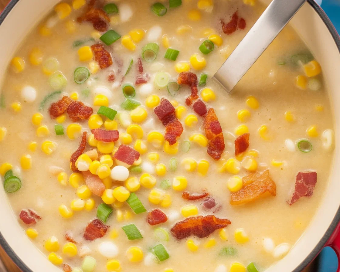 Creamy Corn Chowder with fresh corn, potatoes, and savory toppings in a bowl.