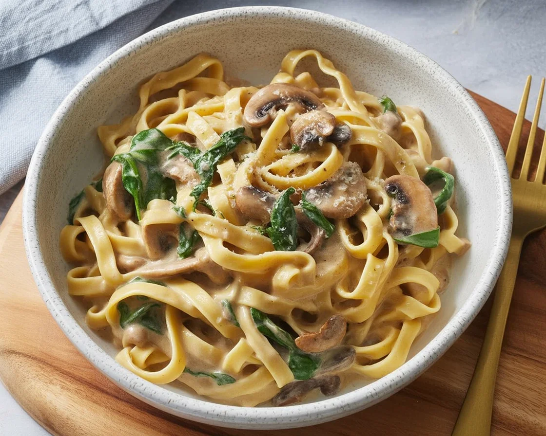 Delicious Chicken Marsala Fettuccine topped with mushrooms in creamy Marsala sauce.
