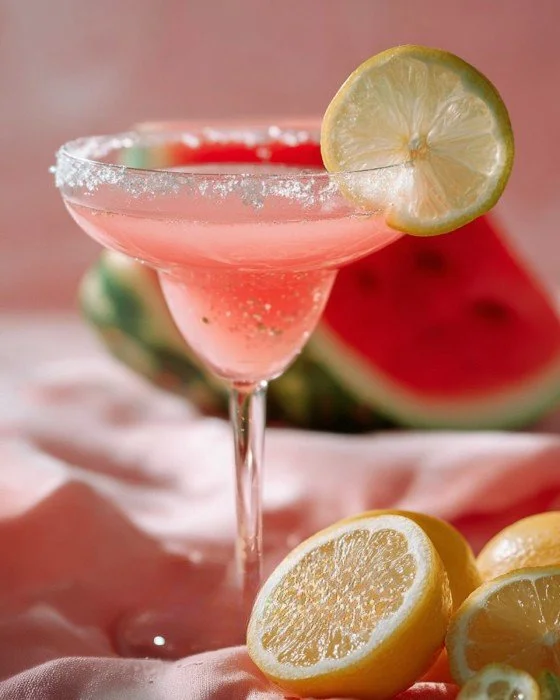 Refreshing Watermelon Lemon Drop cocktail with watermelon and lemon slices
